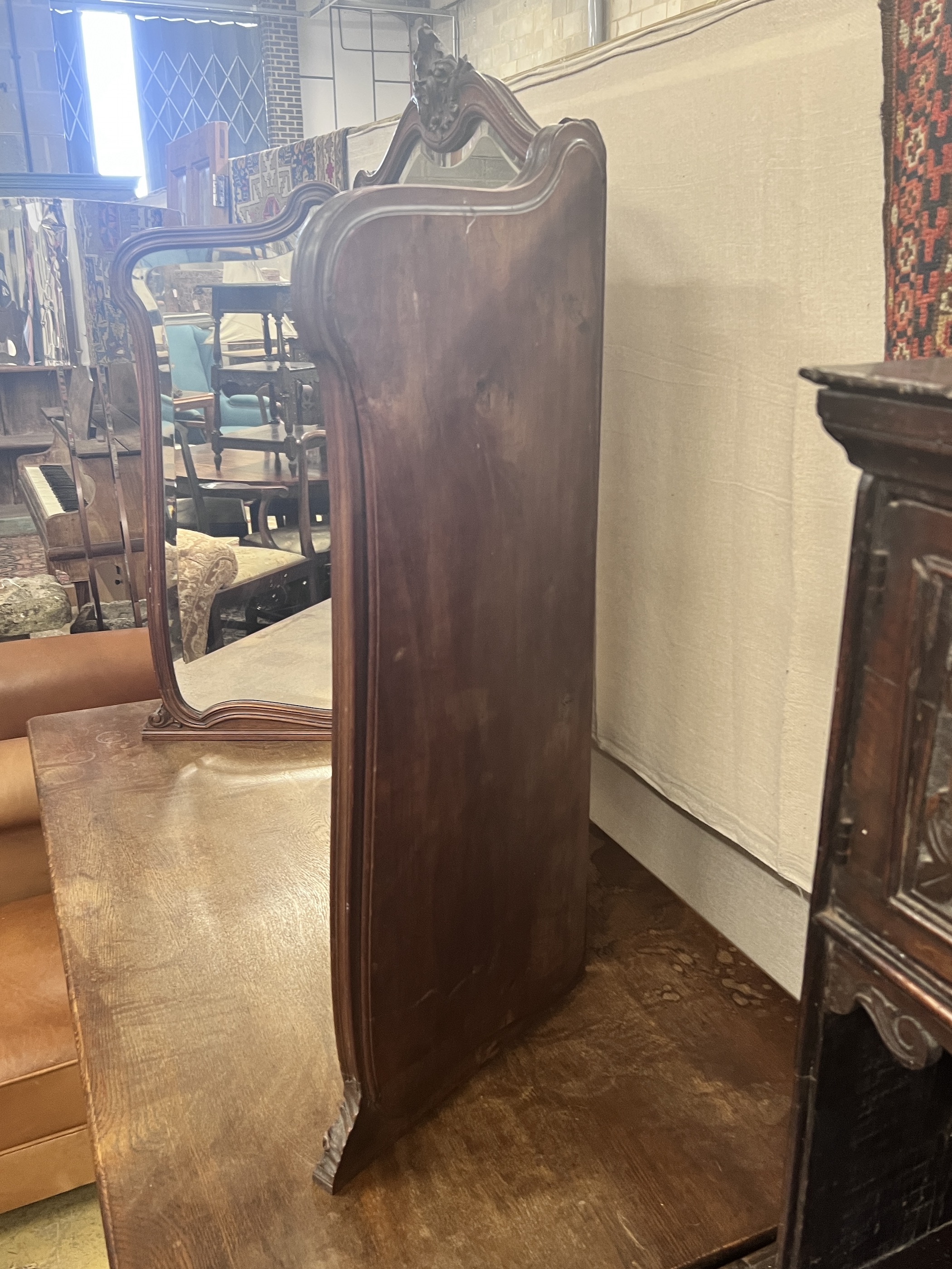 A late 19th century French mahogany triple folding dressing table mirror, width 146cm, height 105cm